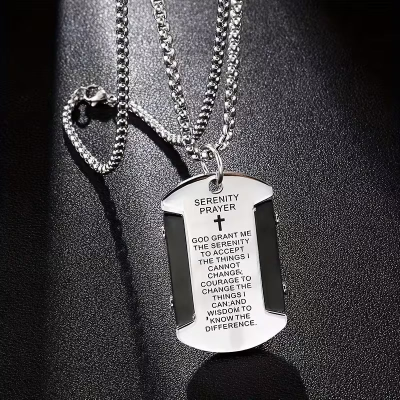 Stainless Steel Serenity Prayer Cross Pendant Necklace