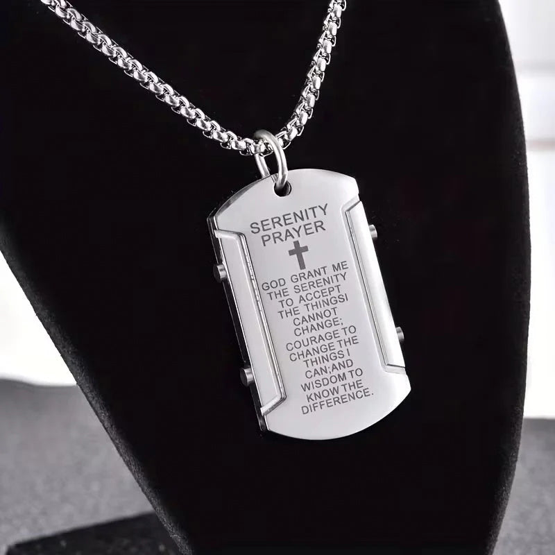 Stainless Steel Serenity Prayer Cross Pendant Necklace